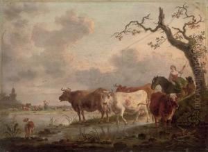 An Extensive Landscape With Herdsmen And Cattle Watering At A Stream by Jean-Baptiste De Roy