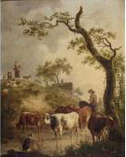 A Shepherd On A Horse And His
Cattle Fording A Stream, With Shepherds And Their Flock On A Hill Nearby - view 1