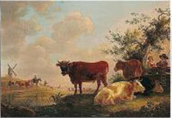 A Pastoral Landscape With Figures And Cattle By A River, A Windmill And Drovers Beyond - view 1