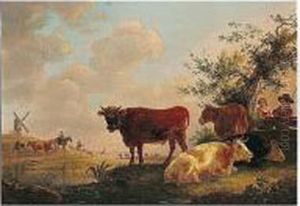 A Pastoral Landscape With Figures And Cattle By A River, A Windmill And Drovers Beyond
