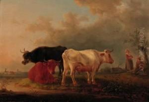 Cattle On A River Bank, Drovers 
Conversing Beyond; And Cattle Andsheep On A River Bank, A Farmstead, 
Shepherd And Travellerbeyond by Jean-Baptiste De Roy