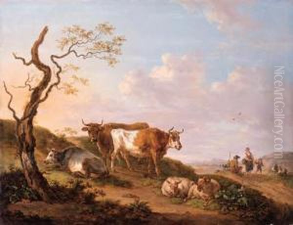 Cows And Sheep By A Broken Tree On The Verge Of A Road, A Shepherdfamily Beyond - view 1
