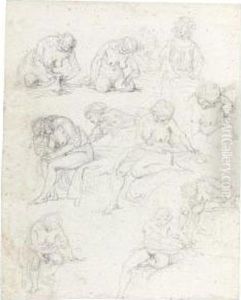 Sheet Of Studies Of Nude Young Women by Augustin de Saint-Aubin