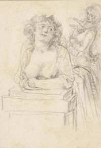 A Bare-breasted Woman Leaning Over A Pedestal, Another Woman In Thebackground by Augustin de Saint-Aubin