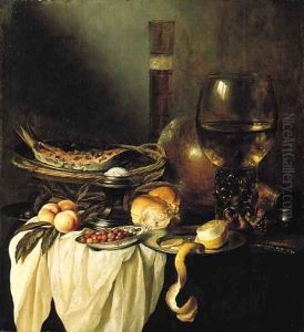A dish of salmon cooked with herbs, a roemer of wine, a silver salt, a roll, wild strawberries in a Delftware bowl, a partly peeled by Pieter Claesz.