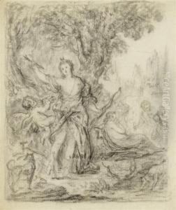 A Forest Clearing Withdiana And Her Companions, Dogs And Cupid Trying To Grasp Anarrow by Gabriel De Saint Aubin