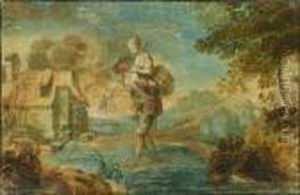 ?jeune Homme Aidant Une Jeune Bergere A Traverser Une Riviere"