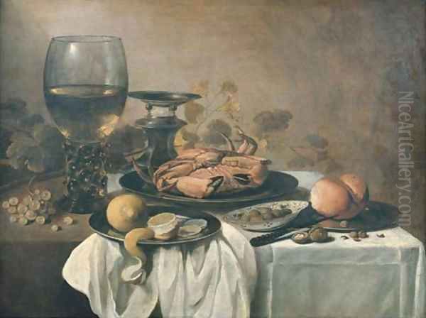 A crab on a pewter plate, a roemer, a partly-peeled lemon on a pewter platter, a bowl of olives, a bread roll and a knife on a pewter plate with grape - view 1