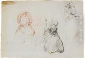 A Sheet Of Studies, A Seated Female Figure And Various Head Studies by Gabriel De Saint Aubin