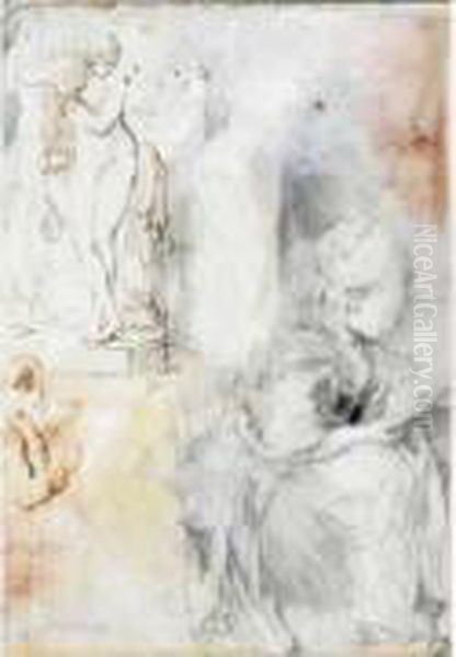 Feuille D'etude Comprenant : La
Venus Naissante De Pfaff De Face Et De Profil, Croquis De Sculpture,
Femme Assise De Profil A Droite Lisant, Jeune Homme Dessinant - view 1
