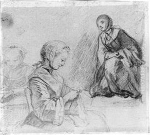 Studies Of Three Women by Gabriel De Saint Aubin