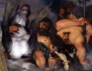 Allegory of the Elements, the Universe and Signs of the Zodiac, detail of Neptune and Triton with Cerberus, the three-headed dog, 1597 (detail)