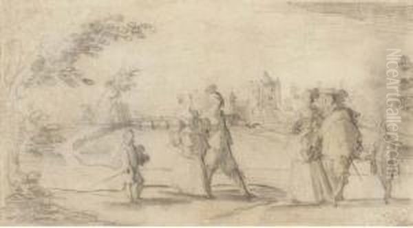 Deux Couples Elegants Accompagnes De Pages Dans Un Paysage, Un Chateau Dans Le Fond - view 1