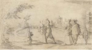 Deux Couples Elegants Accompagnes De Pages Dans Un Paysage, Un Chateau Dans Le Fond by Jean de Saint-Igny