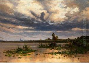Schilfufer-landschaft Mit Anliegendenkahnen Und Blick Auf Eine Stadt by Edmond De Schampheleer