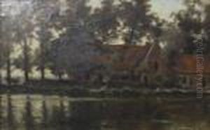 Ferme Animee Au Bord De L'eau by Edmond De Schampheleer