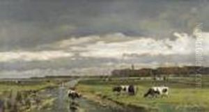 Landschaftspartie Mit Kuhen In Der Ebene. by Edmond De Schampheleer