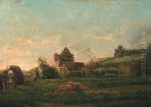 Peasants At Work By A Farm In A Valley In Summer