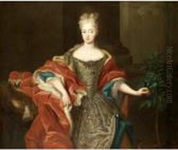 Portrait Of A Lady,
Three-quarter Length, Wearing An Embroidered Dress And An Ermine Lined
Red Cloak - view 1