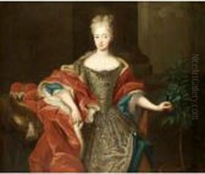 Portrait Of A Lady,
Three-quarter Length, Wearing An Embroidered Dress And An Ermine Lined
Red Cloak by Louis de Silvestre