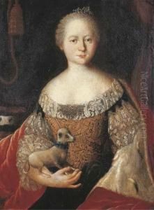 Portrait Of A Lady, Seated 
Half-length, In A Gold Brocade Dresswith Lace And A Red Velvet Wrap 
Lined With Ermine, Holding Her Petdog, A Curtain In The Background