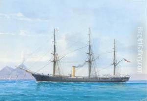 A British Naval Corvette Under
Steam In The Bay Of Naples: And A British Naval Corvette At Sea by A. De Simone