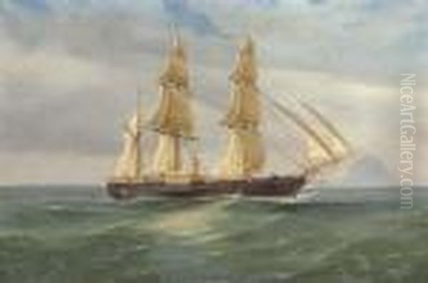 A British Naval Paddle Sail Steam Ship Off Stromboli - view 1
