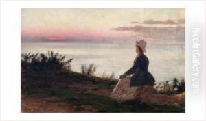 Jeune Femme Contemplant Le Coucher De Soleil Au Bord De L'ocean by Jose Julio de Souza-Pinto