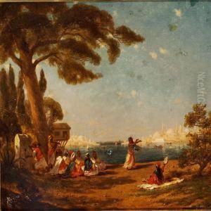 Scene From Constantinople With People Playing Music And A Lady Dancing by Charles Emile Vacher De Tournemine