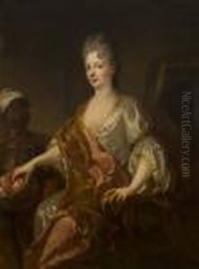 Portrait De Jeune Femme Prenant Une Peche Dans Un Panier Offert Par Un Jeune Page by Francois de Troy