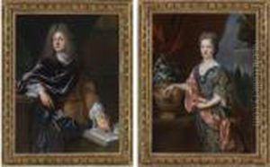 Portrait Of A Gentleman, 
Three-quarter Length, Standing, Pointing Towards The Pages Of An Open 
Book; Portrait Of A Lady