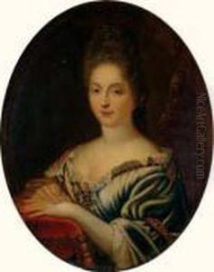 Portrait D'une Femme De Qualite Les Mains Posees Sur Un Coussin Rouge by Francois de Troy