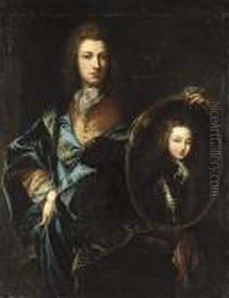 Portrait Of A Gentleman, 
Three-quarter-length, In A Pink Jacket And A Blue Cloak, His Left Hand 
Resting On An Oval Portrait Of Louis Xv As A Boy - view 1