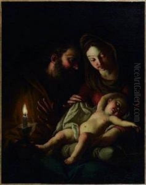 Saint Joseph Et La Vierge Veillant L'enfant Jesus Endormi A Lalueur D'une Bougie - view 1