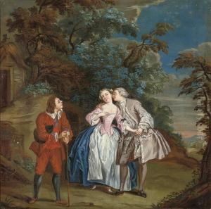 An Elegant Couple Courting In A Classical Courtyard
