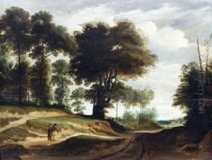 Sandiger Waldweg Mit Wanderern Und Ausblick Auf Ein Gehoft