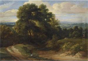 A Wooded Dune Landscape With A
Shepherd Herding His Flock And A Traveller On A Path, A View Of A Town
Beyond thumbnail
