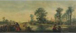 River Landscape With Elegant 
Figures Conversing While A Piper Plays And Townsfolk Promenade On The 
Opposite Shore