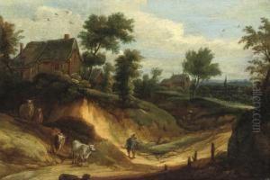 A Hilly Landscape With A Herdsman And His Cattle, A Cottage Nearby by Lodewijk De Vadder