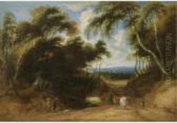 A Wooded Landscape With Herdsmen Watering Their Cattle In A Clearing - view 1