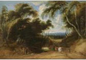A Wooded Landscape With Herdsmen Watering Their Cattle In A Clearing