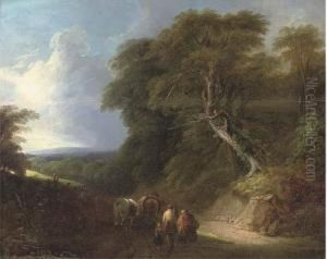 A Wooded Landscape With Travellers On A Track by Lodewijk De Vadder