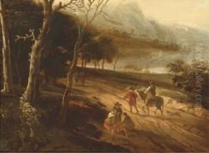 A River Landscape With Travellers On A Road by Lodewijk De Vadder