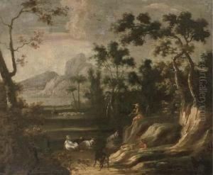 A Wooded Landscape With Herdsmen, Mountains Beyond