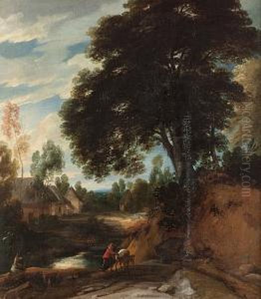 A Wooded Landscape With A Traveller Walking Beside A Stream, A Village Beyond - view 1