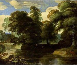A Wooded Landscape With A Sportsman Shooting Ducks Near A Stream by Lodewijk De Vadder