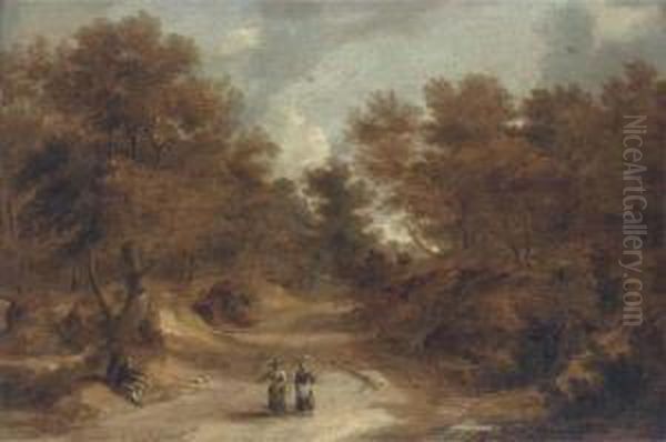 A Wooded Landscape With Peasants On A Path - view 1