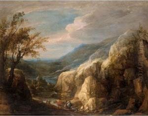 An Extensive Mountianous Landscape With Figures And A Donkey Beside A River