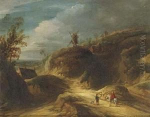 A Mountainous Landscape With Travelers Conversing On A Path, Awindmill Beyond by Lodewijk De Vadder