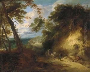 A Wooded Landscape With Travellers On A Path